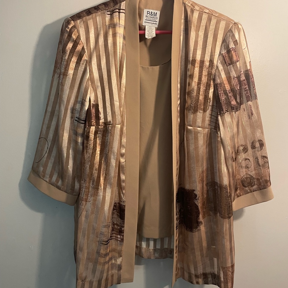 R&M Richards Tan and Brown 2Fer Blouse  with Sheer Stripes